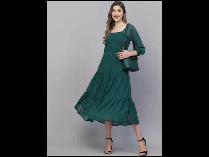 Printed Square Neck Puff Sleeve Georgette Fit & Flare Midi Dress (2)