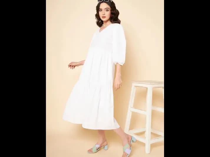 Puff Sleeves Tiered Pure Cotton Fit & Flare Midi Dress (3)