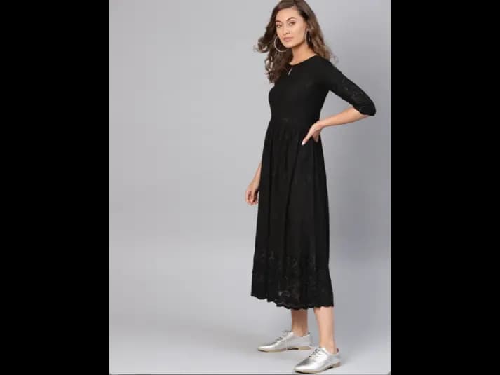 Black Embroidered Ethnic Motifs A-Line Dress (6)