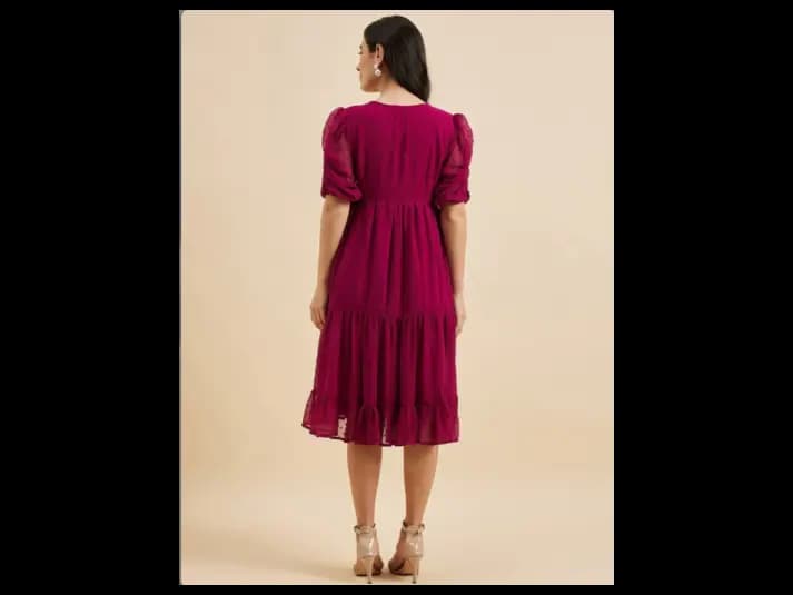 Floral Embroidered Round Neck Short Puff Sleeves Georgette Fit & Flare Tiered Dress (5)