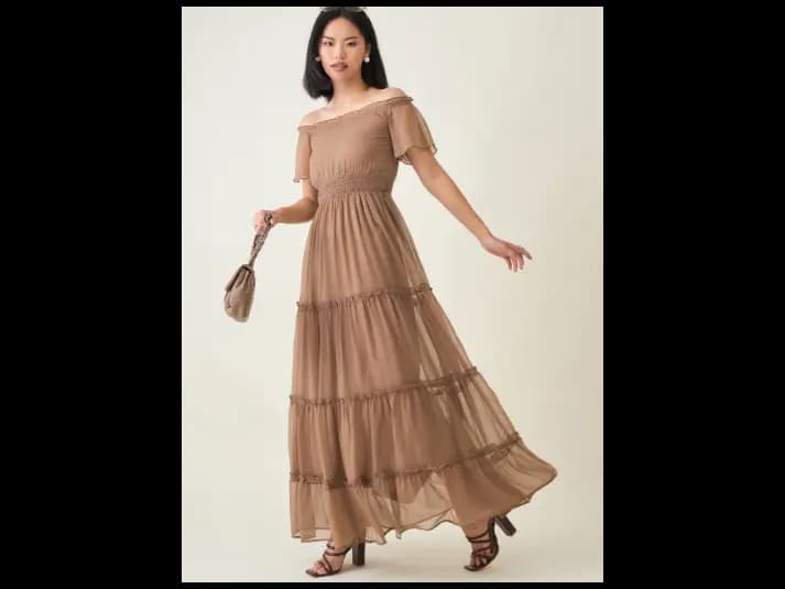 Women Off-Shoulder Tiered Smocked Chiffon Maxi Dress (2)