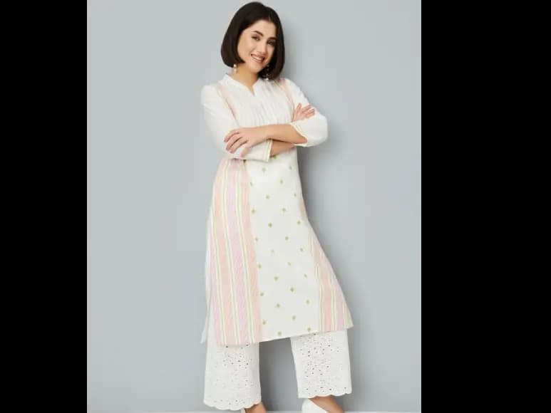 Striped Mandarin Collar Thread Work A-Line Kurta