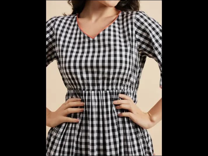 Checked Cotton Empire Puff Sleeve Layered Fit & Flare Midi Dress (7)