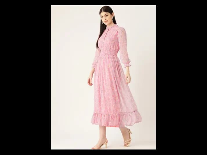 Beige Floral Print Puff Sleeve Fit & Flare Midi Dress (3)