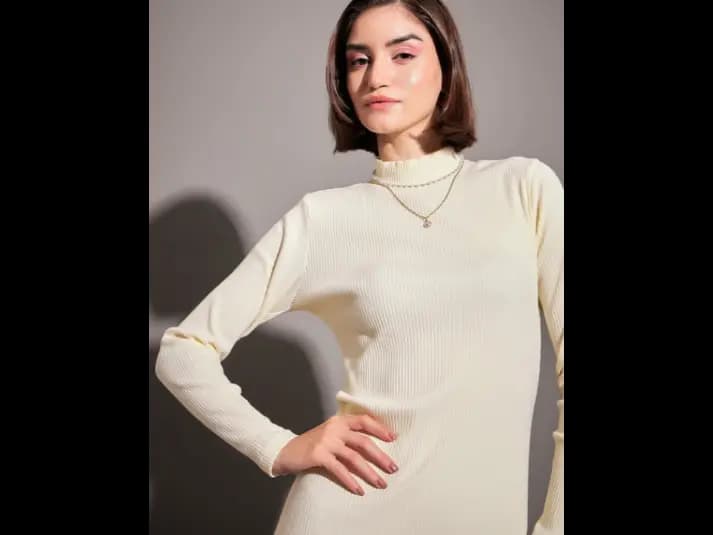 Off White Self Design High Neck Sheath Dress (5)