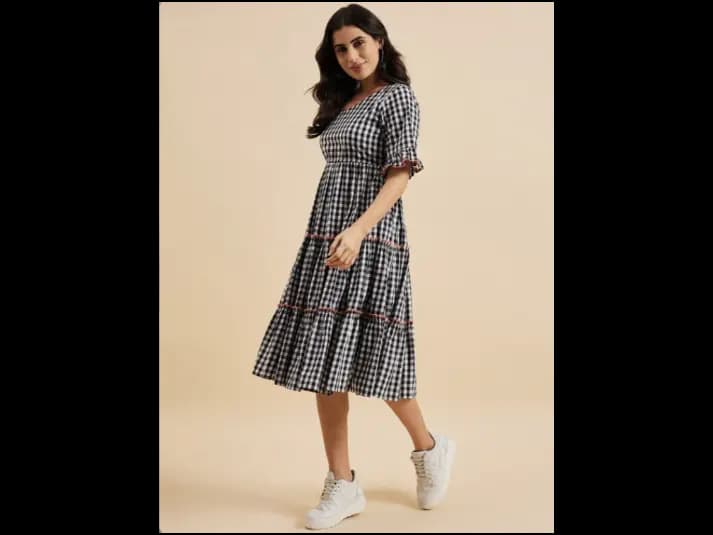Checked Cotton Empire Puff Sleeve Layered Fit & Flare Midi Dress (3)