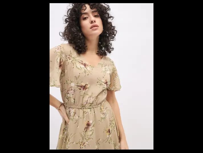 Floral Print Flared Sleeve Georgette Empire Midi Dress (5)