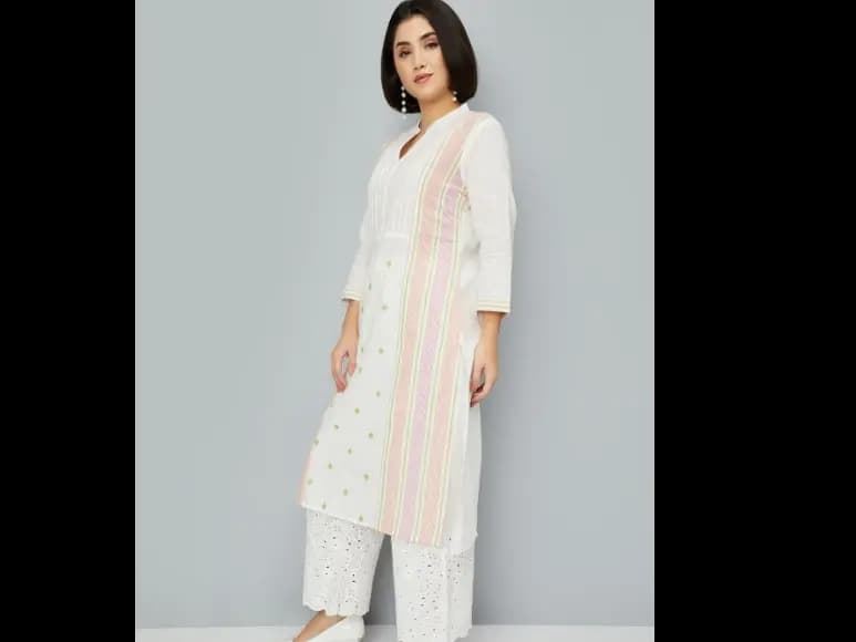 Striped Mandarin Collar Thread Work A-Line Kurta (4)