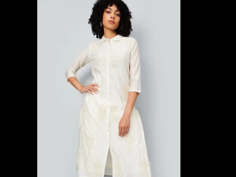 Floral Embroidered Sequinned Shirt Collar Cotton A-Line Kurta (2)