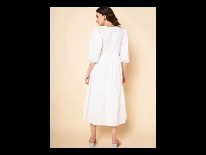 Puff Sleeves Tiered Pure Cotton Fit & Flare Midi Dress (4)