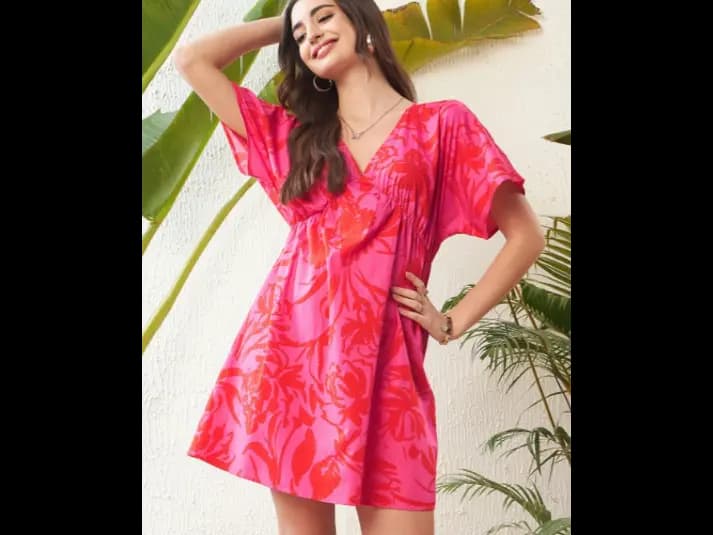 Floral Printed Extended Sleeves Pure Cotton Empire Mini Dress (4)