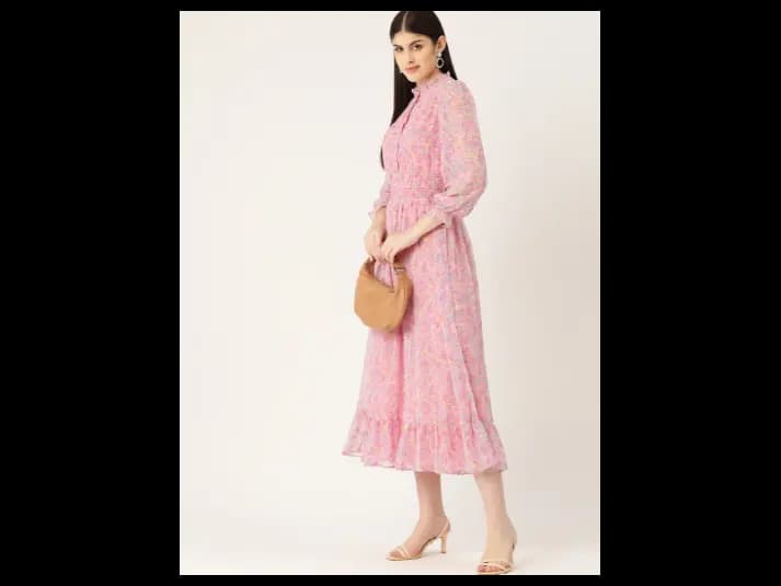 Beige Floral Print Puff Sleeve Fit & Flare Midi Dress (2)
