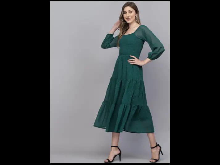 Printed Square Neck Puff Sleeve Georgette Fit & Flare Midi Dress
