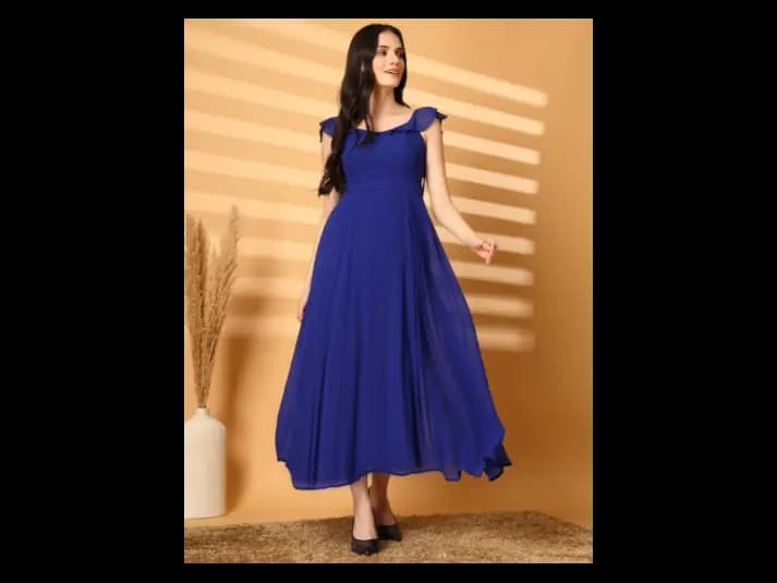 Georgette Round Neck Flutter Sleeves Fit & Flare Maxi Dress (2)