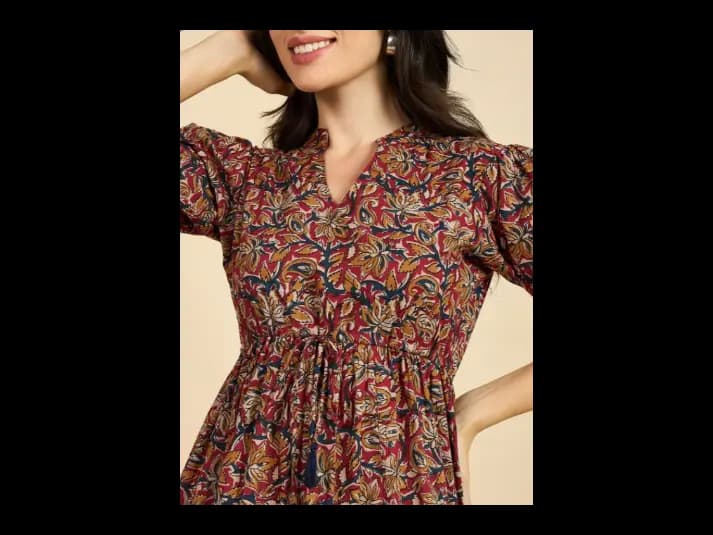 Ethnic Motif Print Mandarin Collar Short Puff Sleeves Cotton A-Line Midi Dress (4)
