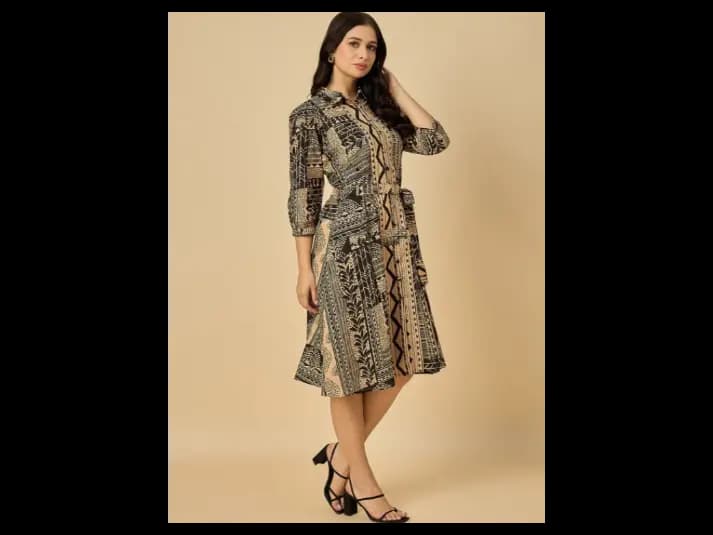 Ethnic Motifs Printed Puff Sleeve Fit & Flare Midi Dress (2)