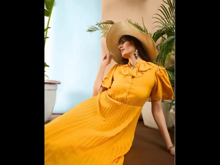 Mustard Yellow Ruffle Flared Sleeves Accordian Pleated Fit & Flare Midi Dress (4)