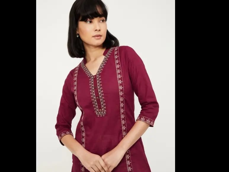 Floral Embroidered Mandarin Collar Cotton Straight Kurta (3)