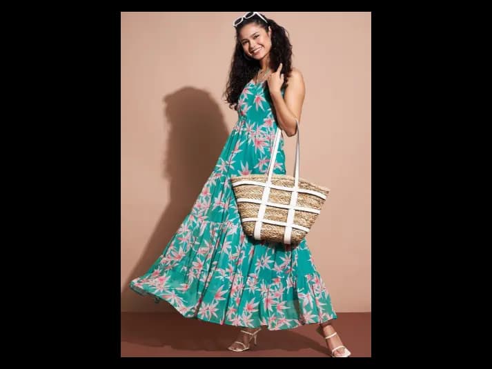 Green Floral Printed Shoulder Straps Maxi Dress (3)