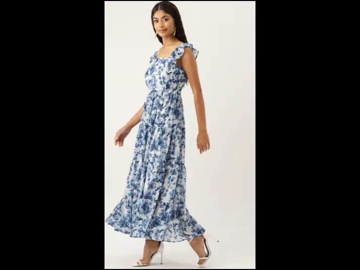 Floral Printed Square Neck Ruffled Tiered Georgette Maxi Fit & Flare Dress (2)