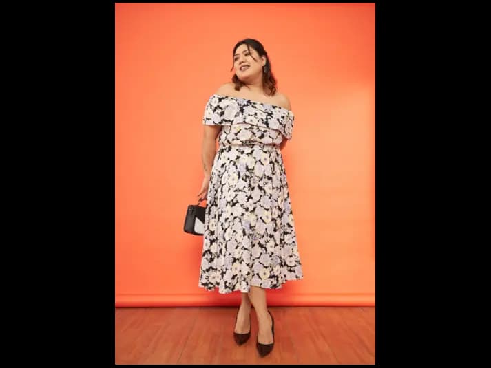 Plus Size Floral Printed Off-Shoulder Midi Dress