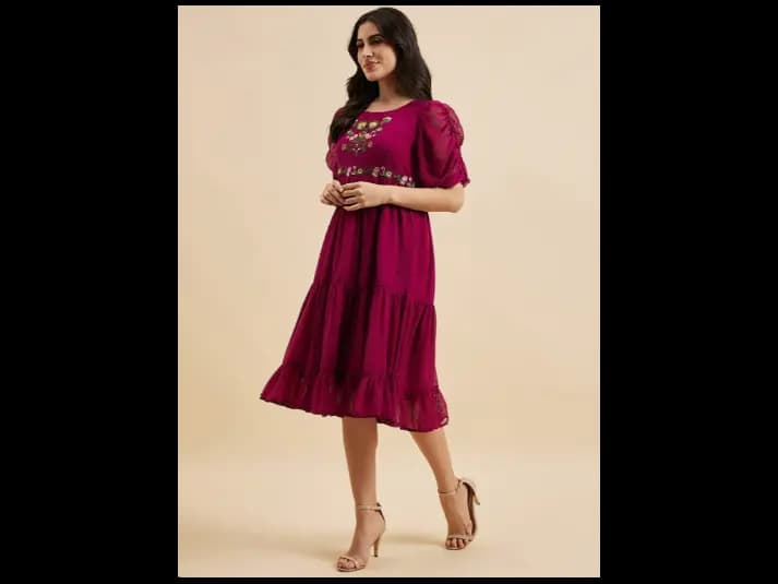 Floral Embroidered Round Neck Short Puff Sleeves Georgette Fit & Flare Tiered Dress (2)