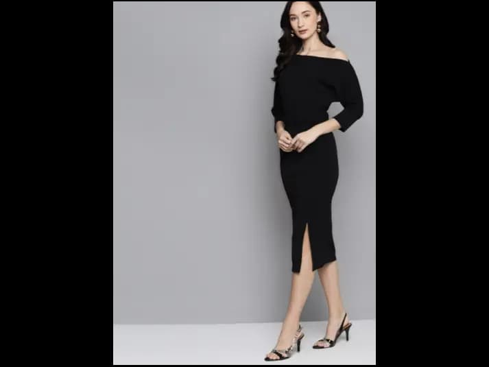 Black One-Shoulder Belted Drop Shoulder Midi Dress (2)