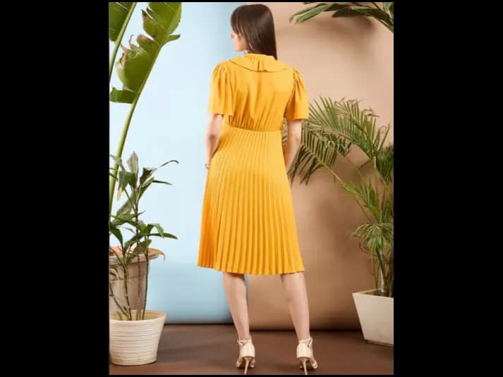 Mustard Yellow Ruffle Flared Sleeves Accordian Pleated Fit & Flare Midi Dress (3)