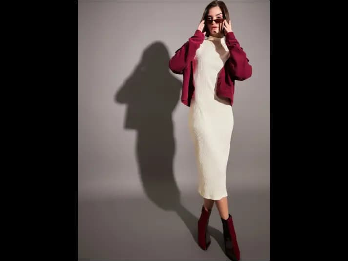 Off White Self Design High Neck Sheath Dress (3)