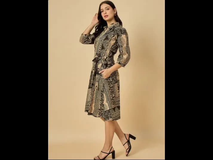 Ethnic Motifs Printed Puff Sleeve Fit & Flare Midi Dress (3)