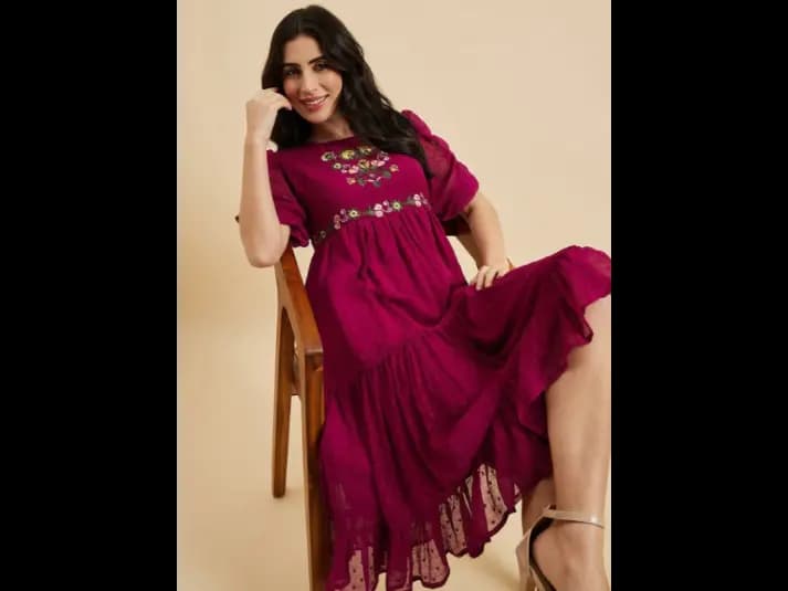 Floral Embroidered Round Neck Short Puff Sleeves Georgette Fit & Flare Tiered Dress (6)