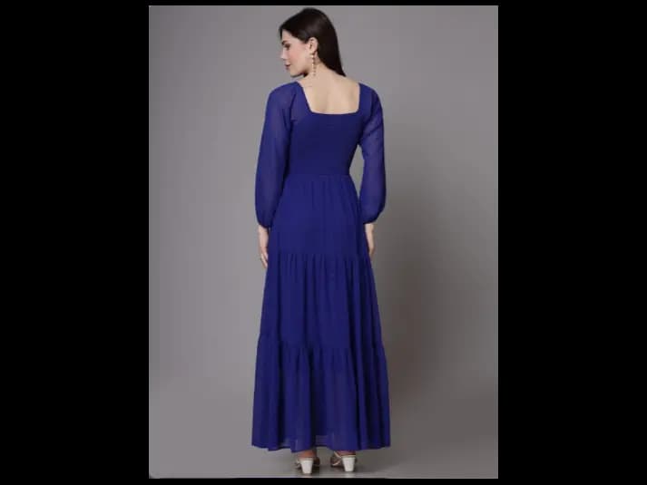 Women Self Design Puff Sleeve Maxi Dress (4)