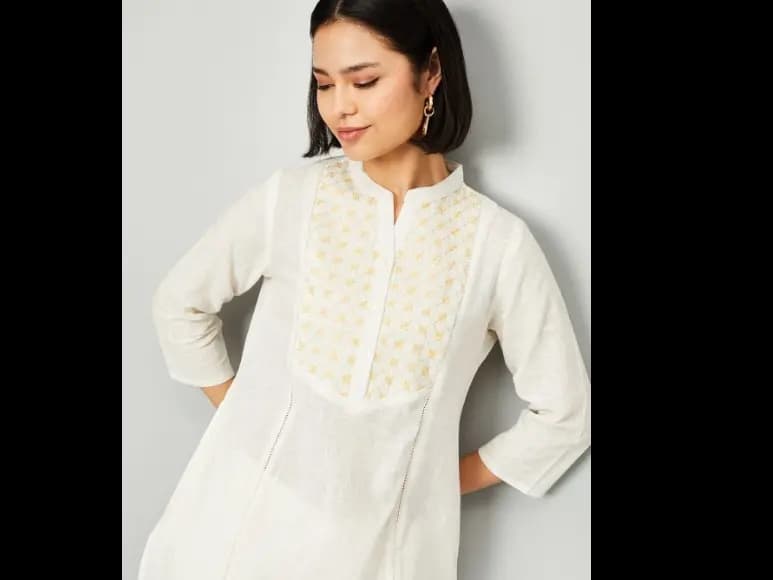 Floral Yoke Design Mandarin Collar Panelled Thread Work Cotton Straight Kurta (4)