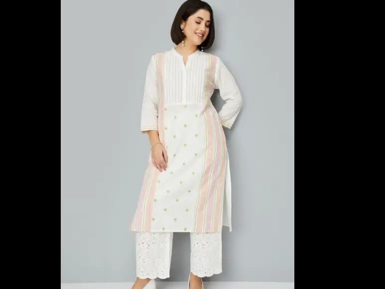 Striped Mandarin Collar Thread Work A-Line Kurta (2)