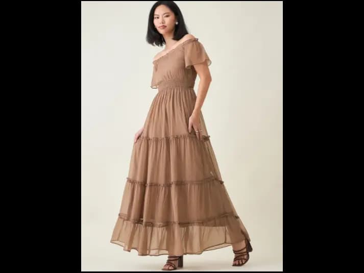 Women Off-Shoulder Tiered Smocked Chiffon Maxi Dress