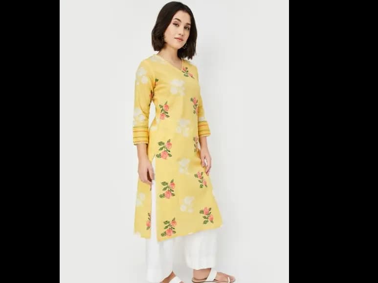 Floral Printed V-Neck Cotton Straight Kurta (4)