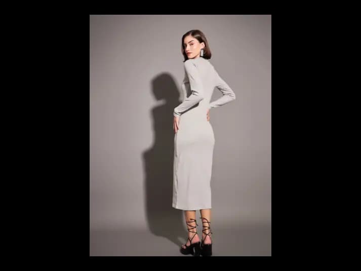 Grey Mock Neck A-Line Midi Dress (4)