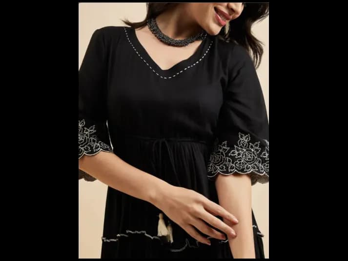 Floral Embroidered V Neck Bell Sleeves Empire Fit & Flare Tiered Dress (4)