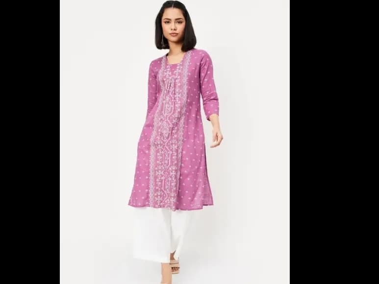 Ethnic Motifs Woven Design Pleated V-Neck Straight Kurta (2)