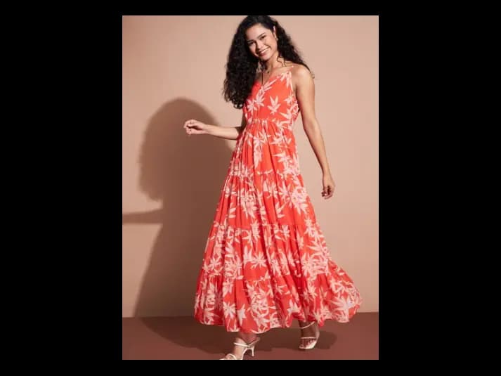 Floral Printed Halter Neck Tiered Georgette Maxi Fit & Flare Dress