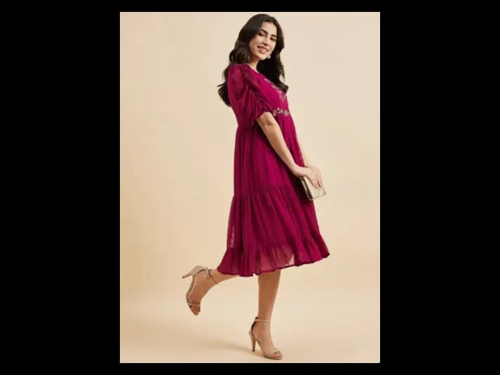 Floral Embroidered Round Neck Short Puff Sleeves Georgette Fit & Flare Tiered Dress (4)