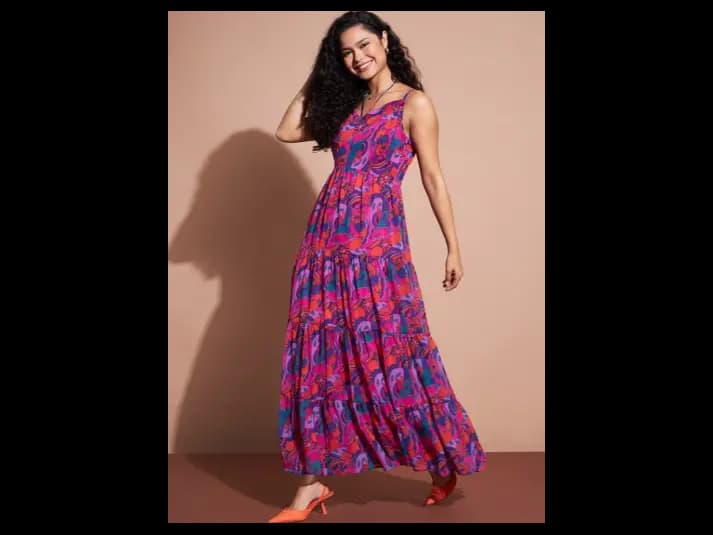 Floral Printed Shoulder Strap Fit and Flare Maxi Dress