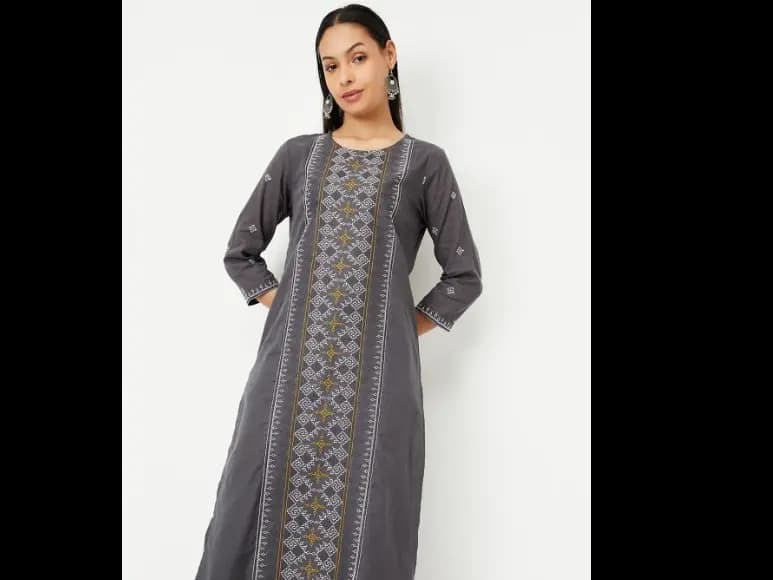 Geometric Embroidered Round Neck Thread Work Cotton Straight Kurta (4)
