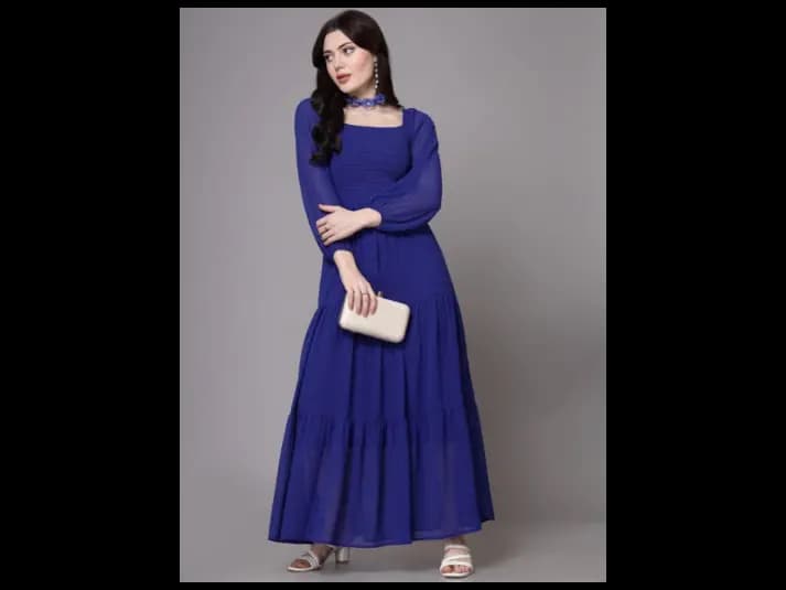 Women Self Design Puff Sleeve Maxi Dress (3)