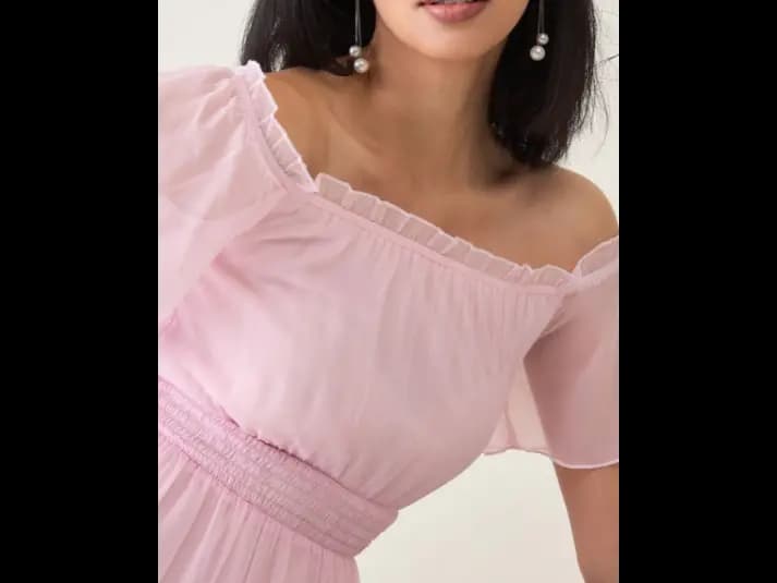 Off-Shoulder Smocked Tiered Chiffon Fit & Flare Maxi Dress (6)