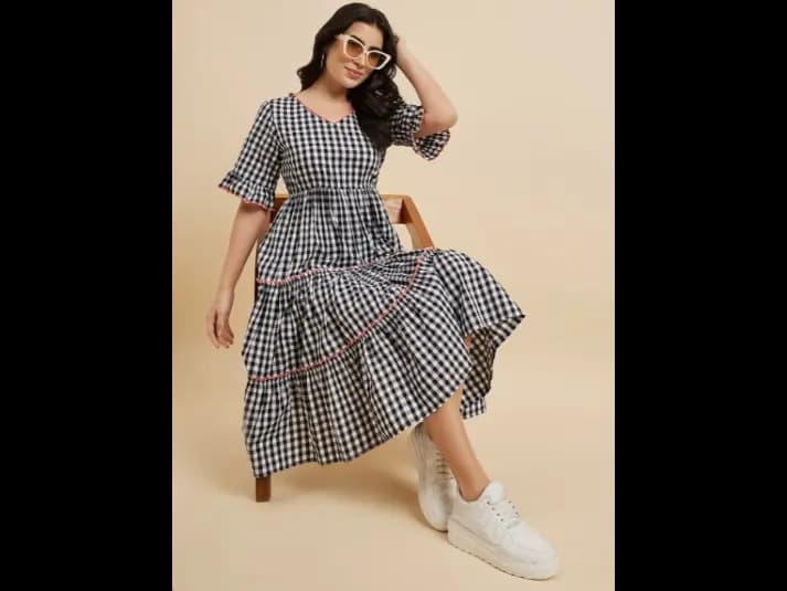 Checked Cotton Empire Puff Sleeve Layered Fit & Flare Midi Dress (6)