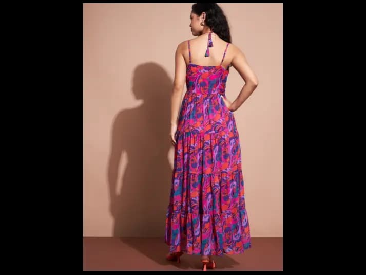 Floral Printed Shoulder Strap Fit and Flare Maxi Dress (4)