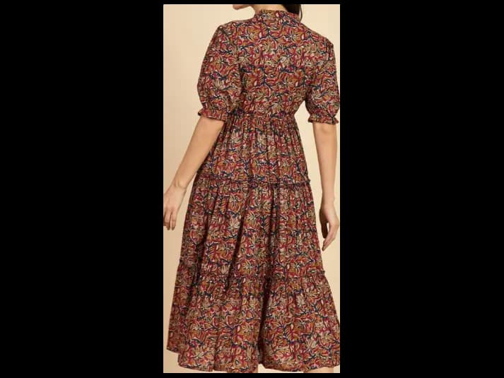 Ethnic Motif Print Mandarin Collar Short Puff Sleeves Cotton A-Line Midi Dress (5)