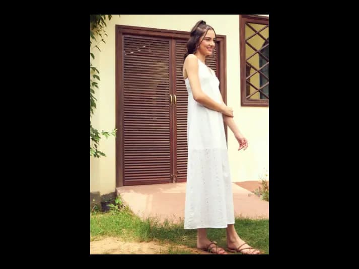 White Self Design Schiffli Pure Cotton A-Line Midi Dress (2)