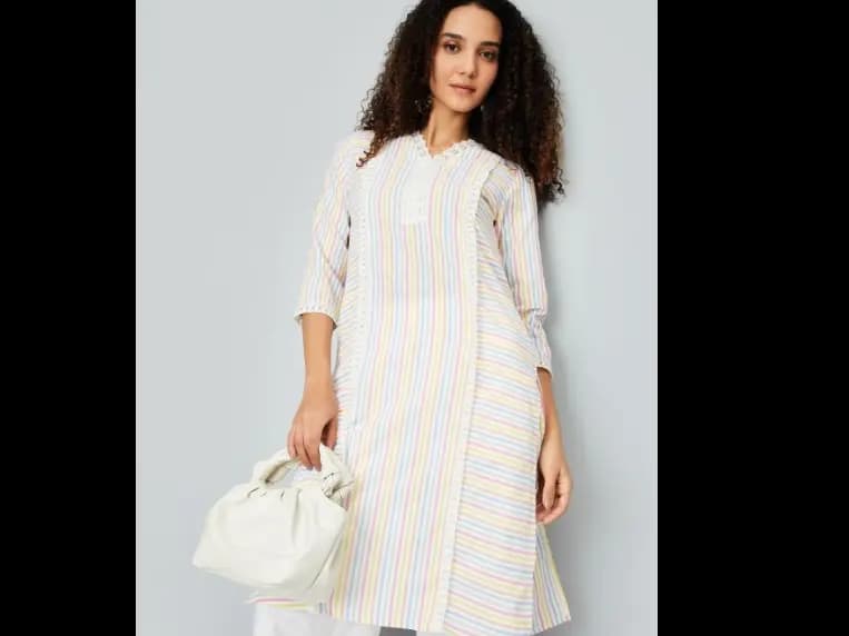 Striped Printed V-Neck Regular Cotton Straight Kurta